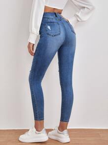 SHEIN Essnce High Waisted Ripped Skinny Jeans - Medium Wash - View 2