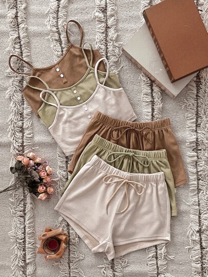 3sets Single Breasted Cami Top & Tie Front Shorts Lounge Set