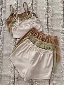 3sets Single Breasted Cami Top & Tie Front Shorts Lounge Set - Multicolor - View 2