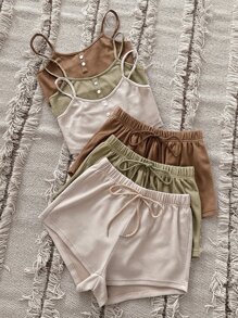 3sets Single Breasted Cami Top & Tie Front Shorts Lounge Set - Multicolor - View 5