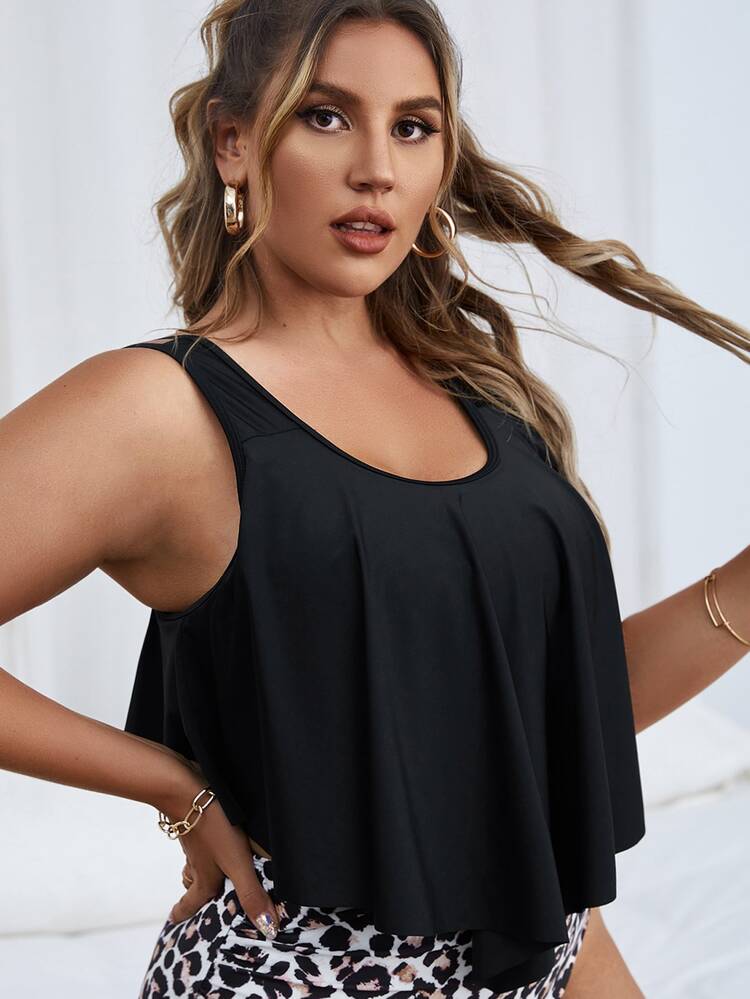 SHEIN Swim Curve Plus Hanky Hem Bikini Top, For Summer Beach Vacation - Black - View 3