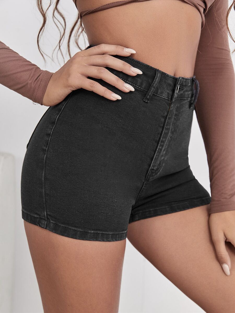 Quần short denim nữ Nút Túi Dây kéo màu trơn - màu đen - Xem 1