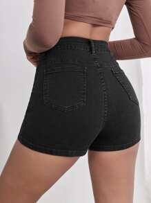 Quần short denim nữ Nút Túi Dây kéo màu trơn - màu đen - Xem 2