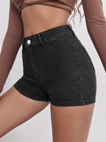 Quần short denim nữ Nút Túi Dây kéo màu trơn - màu đen - Xem 3
