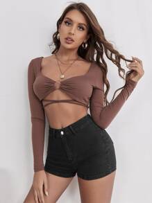 Quần short denim nữ Nút Túi Dây kéo màu trơn - màu đen - Xem 4