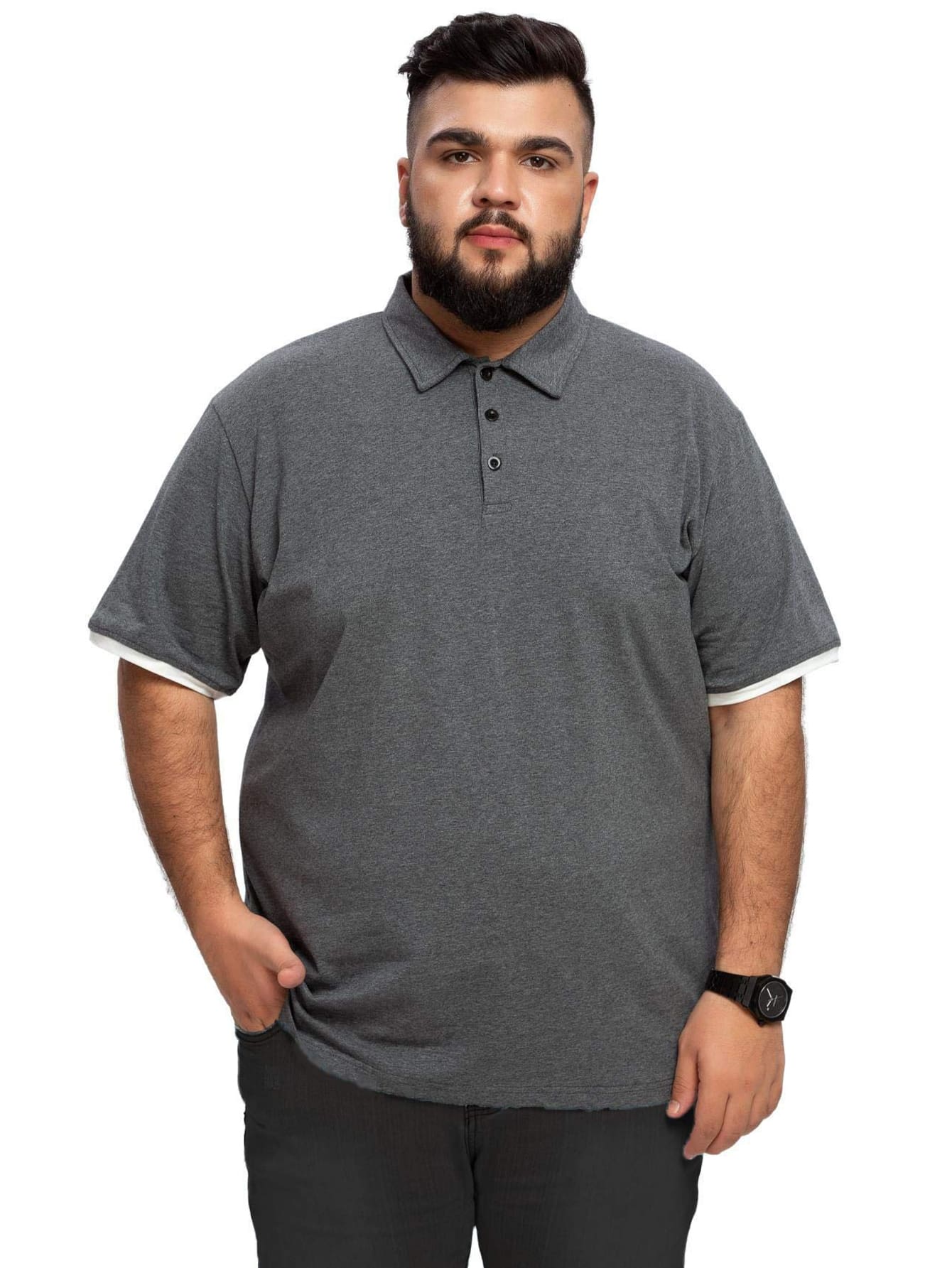 Hombres Camisa polo unido en contraste - Gris Oscuro - Ver 1