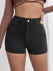 Quần short denim nữ Nút Túi Dây kéo màu trơn - màu đen - Xem 5