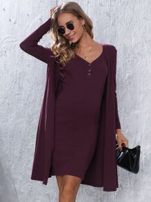 SHEIN Maternity Button Front Cami Dress & Robe Set - Maroon - View 1