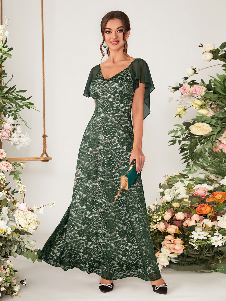 Butterfly Sleeve Lace Maxi Bridesmaid Dress