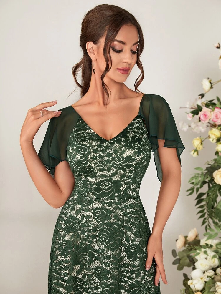 Butterfly Sleeve Lace Maxi Bridesmaid Dress