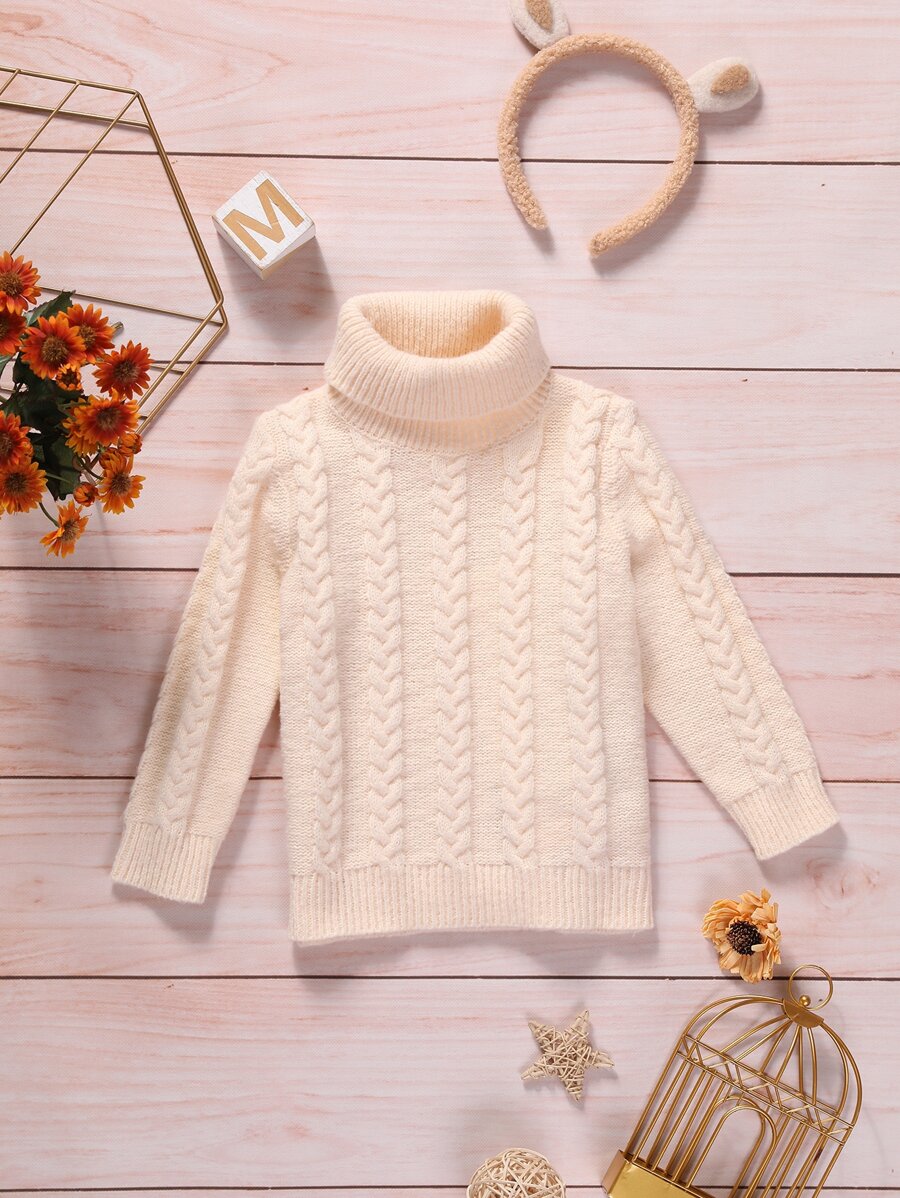 Toddler Girls Cable Knit Turtleneck Jumper - Baby Pink - View 1