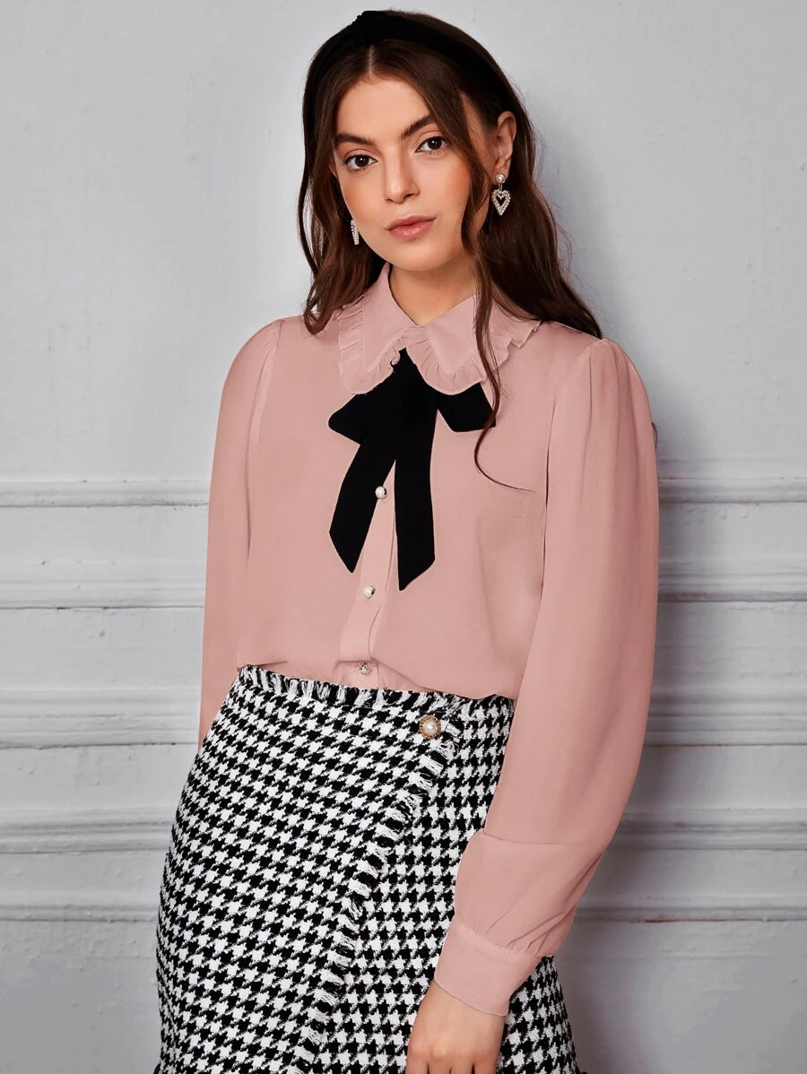 BizChic Peter-pan Collar Puff Sleeve Blouse Workwear - Dusty Pink - View 1