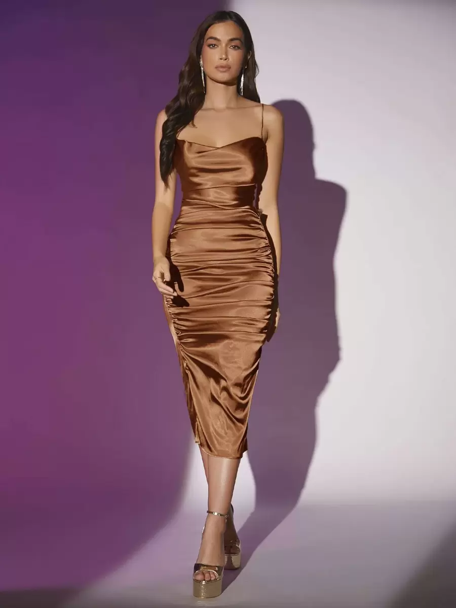 SHEIN BAE Đầm Lộ Lưng Vắt Ren lên Xù Chia màu trơn Gợi cảm - màu nâu - Xem 1