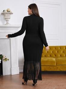 Modelyn 大碼鏤空小高領流蘇下擺緊身洋裝 - 黑色 - 查看 2