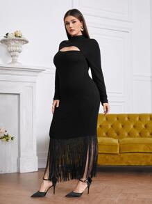 Modelyn 大碼鏤空小高領流蘇下擺緊身洋裝 - 黑色 - 查看 4