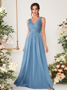 褶邊後拉鏈超長雪紡伴娘連衣裙 - 霧霾藍 - 查看 1