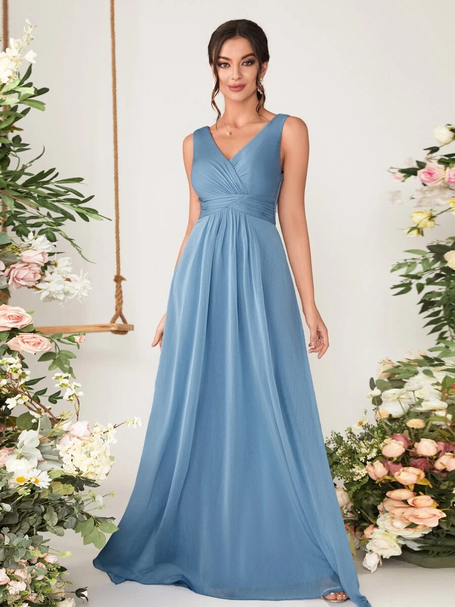 褶邊後拉鏈超長雪紡伴娘連衣裙 - 霧霾藍 - 查看 1