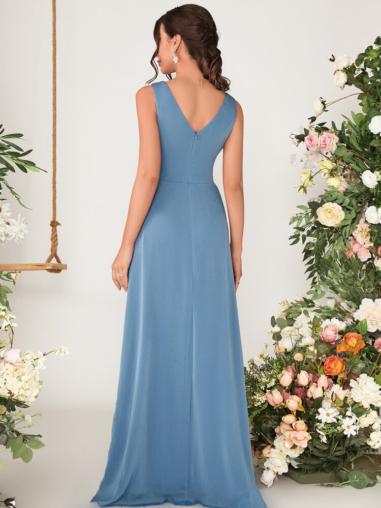 Ruched Zip Back Maxi Chiffon Bridesmaid Dress - Dusty Blue - View 2