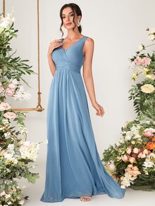 褶邊後拉鏈超長雪紡伴娘連衣裙 - 霧霾藍 - 查看 4