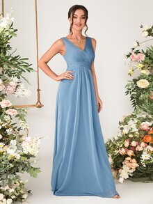 褶邊後拉鏈超長雪紡伴娘連衣裙 - 霧霾藍 - 查看 5