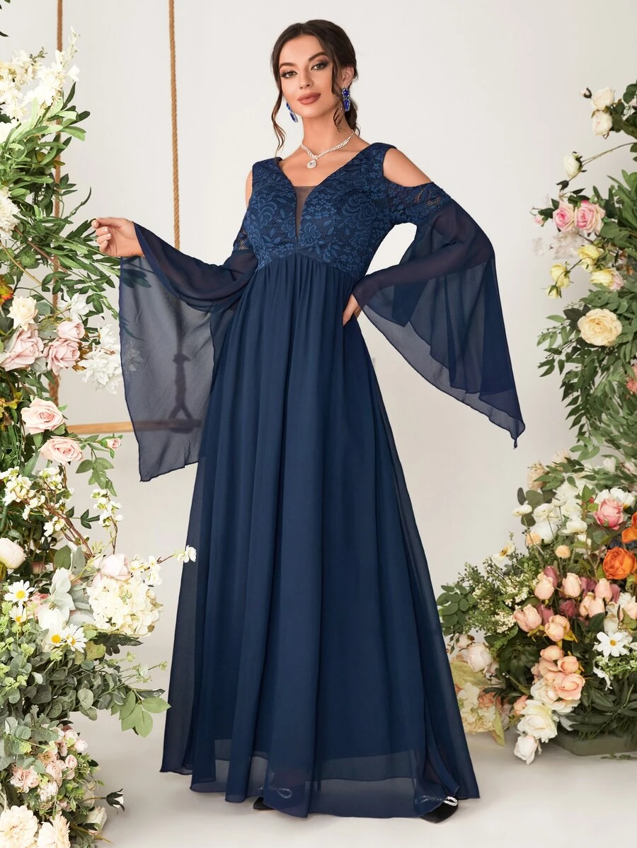 Cold Shoulder Flounce Sleeve Lace Bridesmaid Dress - Navy Blue - View 1