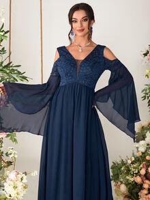 Cold Shoulder Flounce Sleeve Lace Bridesmaid Dress - Navy Blue - View 3