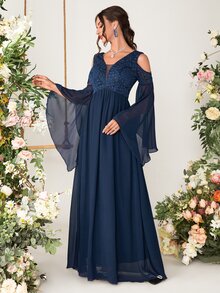 Cold Shoulder Flounce Sleeve Lace Bridesmaid Dress - Navy Blue - View 5