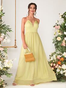 Backless Mesh Insert Maxi Chiffon Halter Bridesmaid Dress - Yellow - View 1