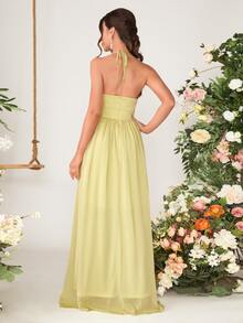 Backless Mesh Insert Maxi Chiffon Halter Bridesmaid Dress - Yellow - View 2