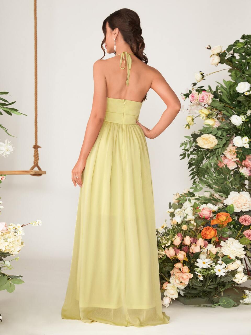 Backless Mesh Insert Maxi Chiffon Halter Bridesmaid Dress