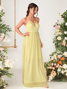 Backless Mesh Insert Maxi Chiffon Halter Bridesmaid Dress - Yellow - View 4