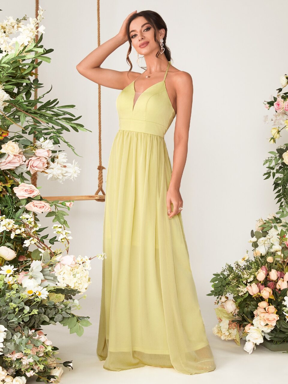 Backless Mesh Insert Maxi Chiffon Halter Bridesmaid Dress