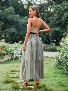 SHEIN Belle 印花網紗覆蓋腰帶超長抹胸伴娘連衣裙 - 彩色 - 查看 2