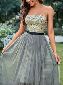 SHEIN Belle 印花網紗覆蓋腰帶超長抹胸伴娘連衣裙 - 彩色 - 查看 3