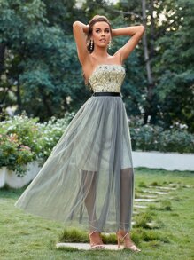 SHEIN Belle 印花網紗覆蓋腰帶超長抹胸伴娘連衣裙 - 彩色 - 查看 4