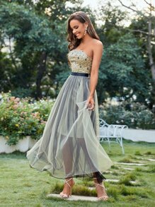 SHEIN Belle 印花網紗覆蓋腰帶超長抹胸伴娘連衣裙 - 彩色 - 查看 6