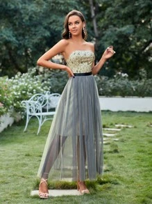 SHEIN Belle 印花網紗覆蓋腰帶超長抹胸伴娘連衣裙 - 彩色 - 查看 7