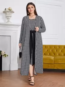 Modelyn 大碼千鳥格印花開門襟外套和前打結連衣裙 - 黑與白 - 查看 1