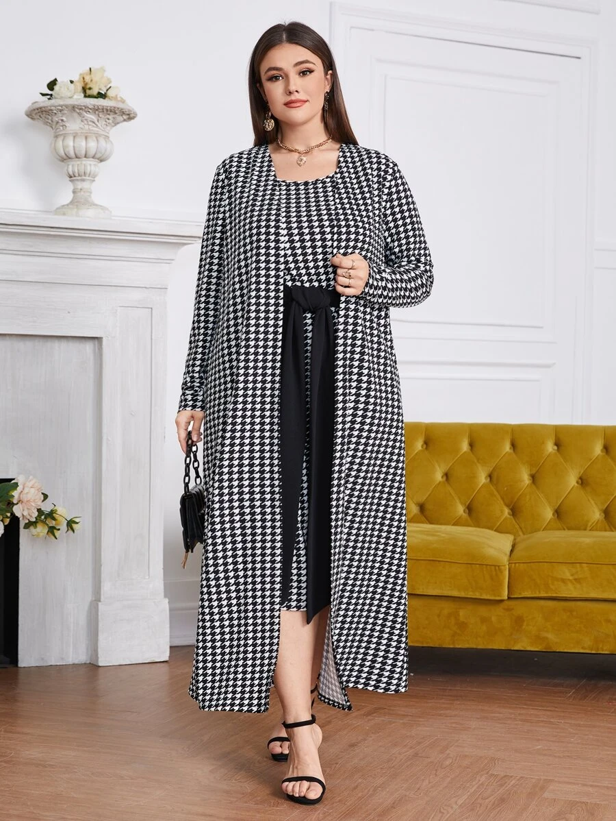 Modelyn 大碼千鳥格印花開門襟外套和前打結連衣裙 - 黑與白 - 查看 1