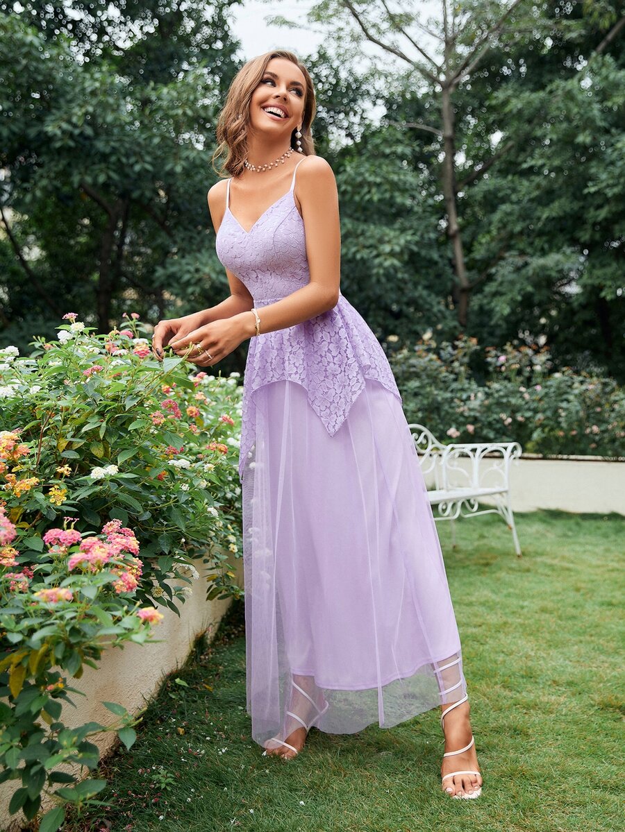 網紗邊蕾絲伴娘連衣裙 - 紫丁香色 - 查看 1