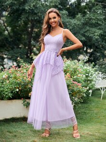 網紗邊蕾絲伴娘連衣裙 - 紫丁香色 - 查看 5