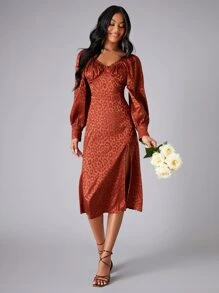 SHEIN Leopard Print Bishop Sleeve Split Thigh Dress - Rust Brown - View 2