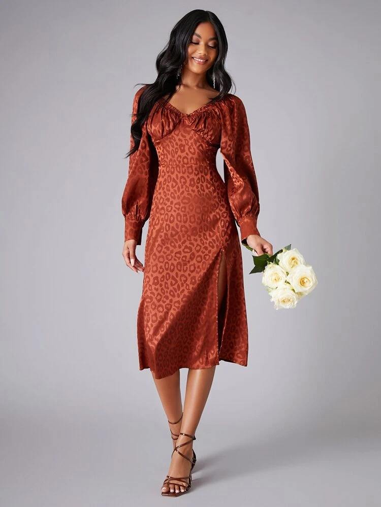 Leopard Print Bishop Sleeve Split Thigh Dress