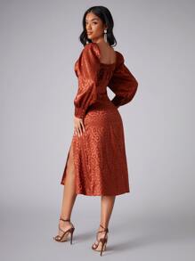 SHEIN Leopard Print Bishop Sleeve Split Thigh Dress - Rust Brown - View 3