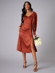 SHEIN Leopard Print Bishop Sleeve Split Thigh Dress - Rust Brown - View 1