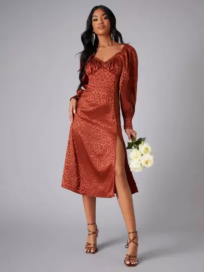 SHEIN Leopard Print Bishop Sleeve Split Thigh Dress