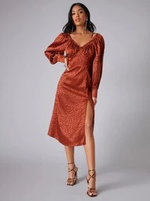 SHEIN Leopard Print Bishop Sleeve Split Thigh Dress - Rust Brown - View 5