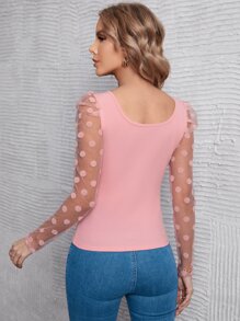 SHEIN Privé 波卡圓點網紗泡泡袖大圓領上衣 - 淺粉色 - 查看 2