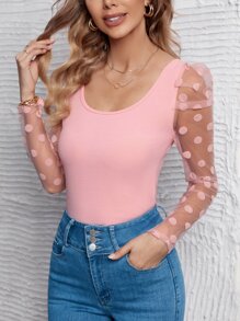 SHEIN Privé 波卡圓點網紗泡泡袖大圓領上衣 - 淺粉色 - 查看 3