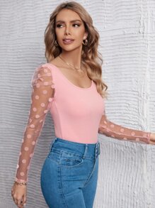 SHEIN Privé 波卡圓點網紗泡泡袖大圓領上衣 - 淺粉色 - 查看 5